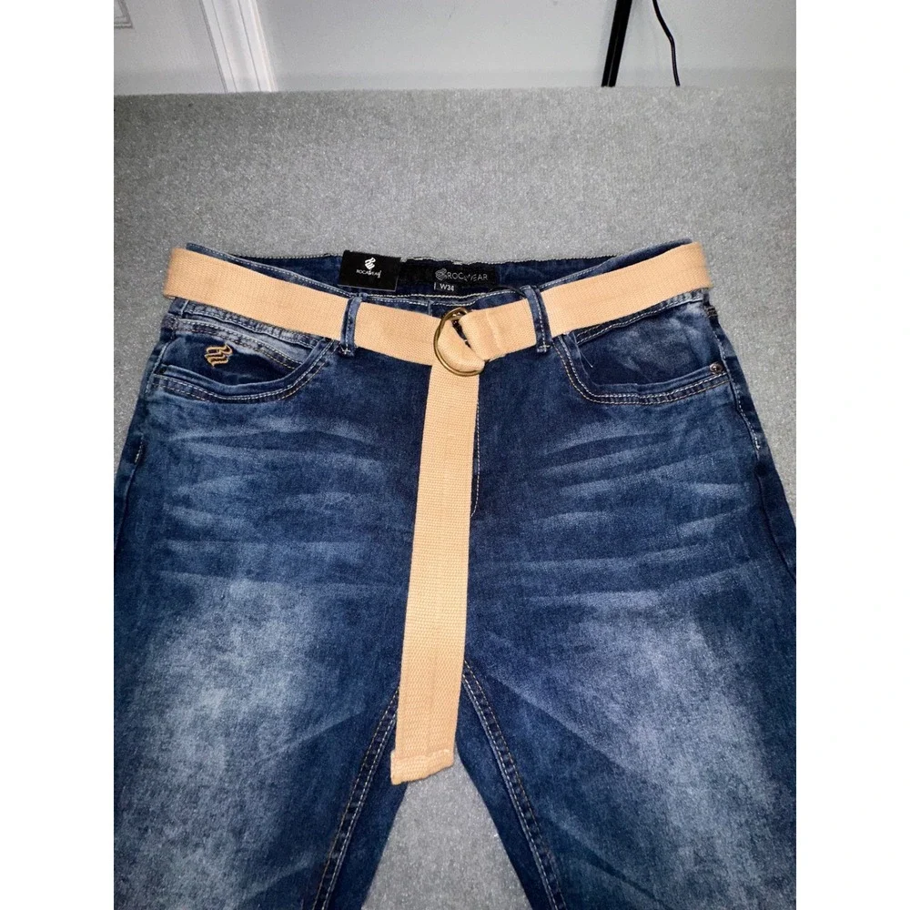 Rocawear Mens Flex Denim Slim Skinny Jeans Indigo Cloud W34 L30 With Belt RWJ009